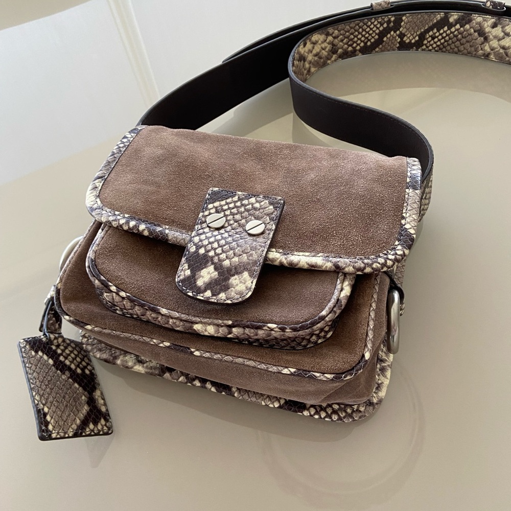 Mk suede taupe bag with animal print trim/ leather shoulder strap. NWT
